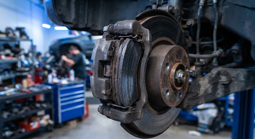 Close-up of a worn automotive disc brake pad showing low friction material against the metal caliper