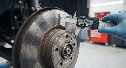 Brake rotor with heat grooves being measured with a digital caliper